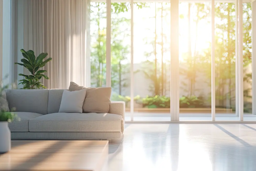 A clean, empty living room with large windows and afternoon light, ready to show
