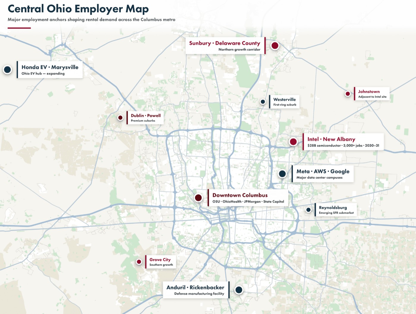 Map of Central Ohio showing the locations of major employers across the metro